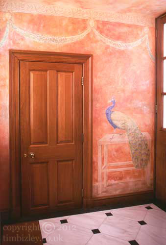 faux fresco peacock and swags in Pompeian manner