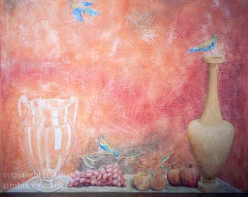 fresco still life of fruits, vases and birds