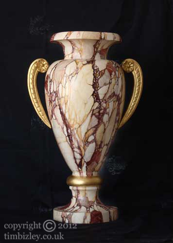 a large hand painted faux marble breche violet urn with gilded trim