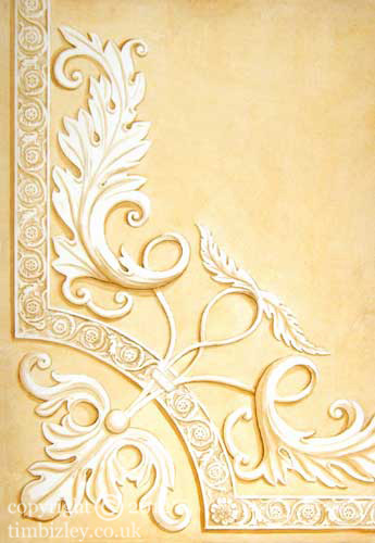 trompe l'oeil of architectural acanthus leaf ornamental plaster relief in grisaille
