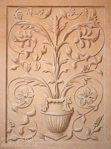 grisaille trompe l'oeil of carved stone in warm greys