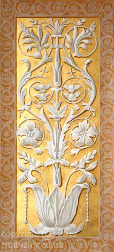 gold leaf makes a bight backdrop for grisaille design