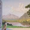 painted mural veiw of hawk, mountains, trees and lake