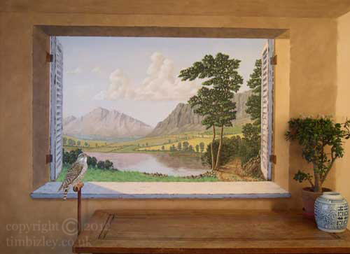 painted landscape mural veiw of hawk, trees and distant mountains