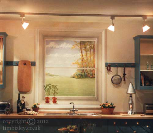painting of trompe l'oeil window view of potted plants, autumn trees and fields