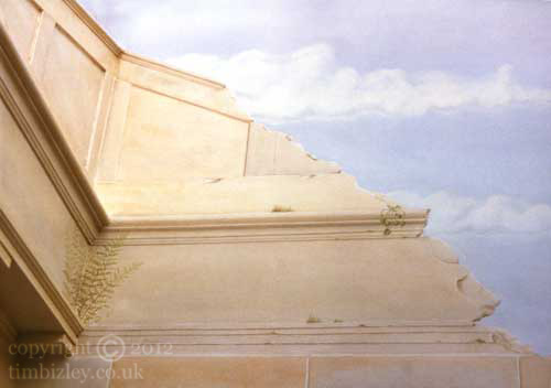 painted wall mural of architectural trompe l'oeil giving the illusion of yellow stone work