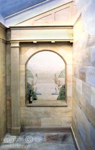 painted mural window veiw of formal garden with distant mountains