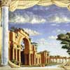 veiw of Roman ruins through fabric swags and architecture