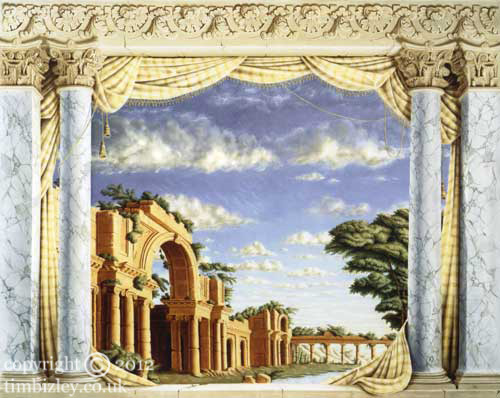 muralists painting of Roman ruins framed by marble columns and fabric swags