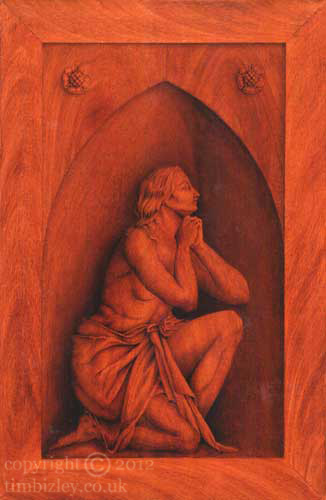 trompe l'oeil of figure carved in mahogony wood panel