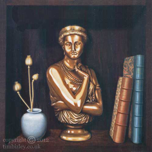 trompe l'oeil still life of books and a bronze bust